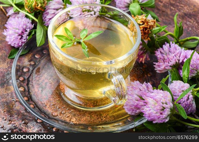 Cup of herbal tea made of wild clover.Herbal tea. Healthy tea with clover