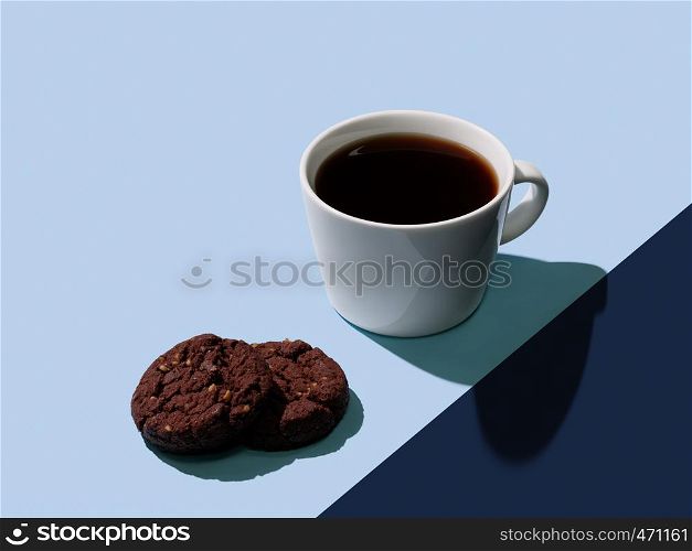 Cup of hot black coffee and fresh chocolate cookies on color block blue background