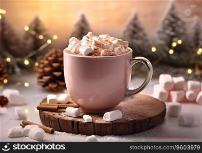 Cup of hot chocolate and marshmallows on christmas table.AI Generative