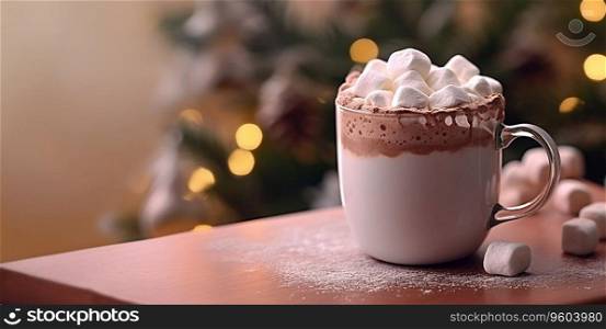 Cup of hot chocolate and marshmallows on christmas table.AI Generative