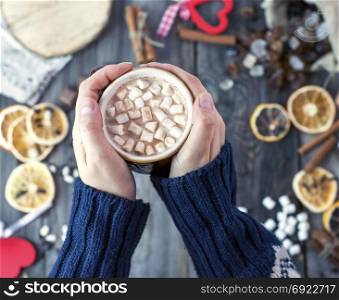 cup of hot chocolate with marshmallow in female hands, top view