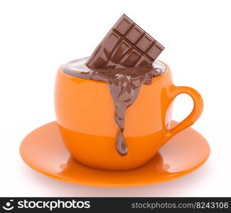 Cup of hot chocolate with melting bar isolated 3d rendering