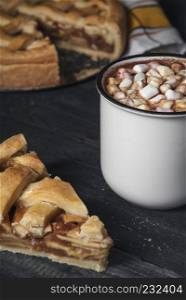 Cup of hot chocolate with mini marshmallows and a piece of apple pie on a rustic table. American traditional desserts. Breakfast table. Homemade.