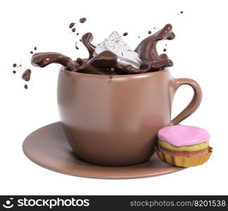Cup of hot chocolate with whipped cream and cake or cookie.Hot melted milk chocolate sauce or syrup, cocoa drink or cream with biscuit,   abstract dessert background, isolated, 3d rendering