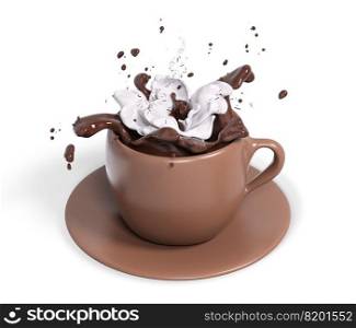 Cup of hot chocolate with whipped cream, splash, isolated 3d rendering