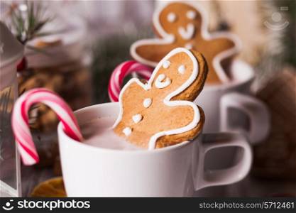 Cup of hot cocoa drink with cookie and candy. Christmas dessert