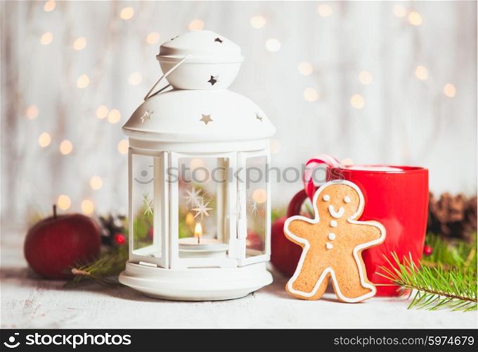 Cup of hot cocoa drink with cookie and candy. Christmas dessert. Christmas dessert