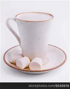 cup of hot cocoa with marshmallows isolated on white background