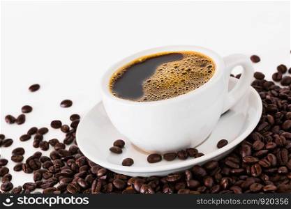 Cup of hot coffee on a white background.