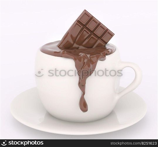Cup of melting bar of hot chocolate flowing isolated 3d rendering