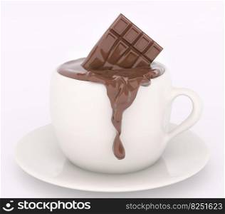 Cup of melting bar of hot chocolate flowing isolated 3d rendering