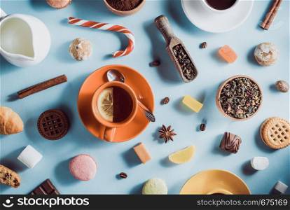 cup of tea and coffee at abstract background texture, top view