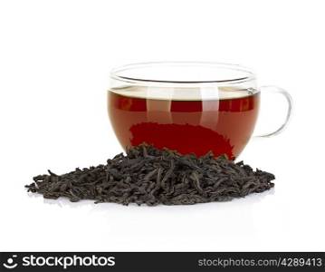 Cup of tea and leaves black tea isolated on white background
