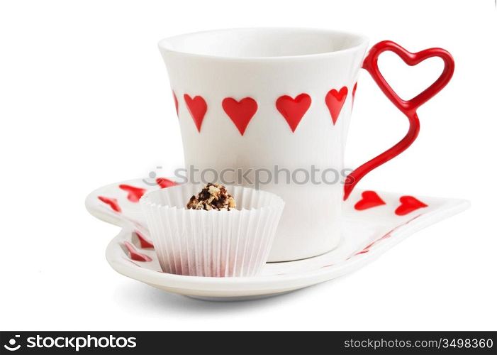 cup of tea and sweets isolated on white background