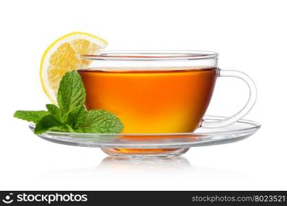 Cup of tea. Cup of tea with mint and lemon on a white background