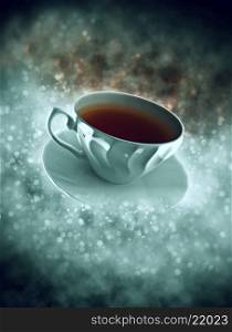 cup of tea in smoke with bokeh