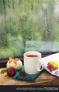 Cup Of Tea Near A Pumpkin And Book in A Rainy Day
