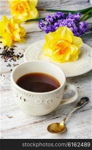 Cup of tea on saucer and fresh flowers tulips and daffodils. Tea and flowers