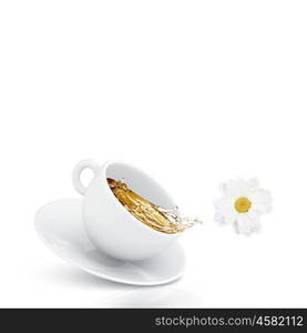 Cup of tea. White cup of chamomile tea against white background