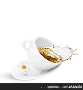 Cup of tea. White cup of chamomile tea against white background