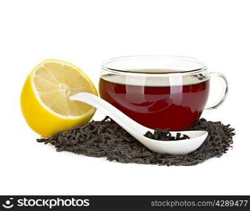 cup of tea with lemon and black tea isolated on white background