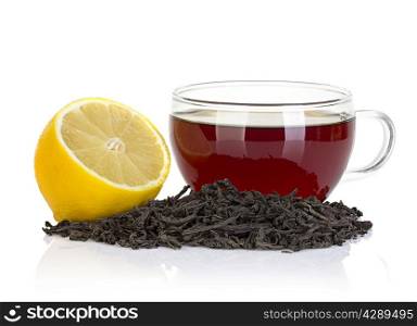 cup of tea with lemon and black tea isolated on white background