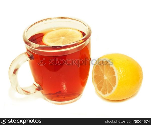 cup of tea with sliced lemon and lemon isolated on a white background