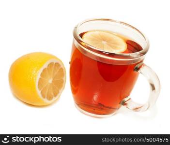 cup of tea with sliced lemon and lemon isolated on a white background