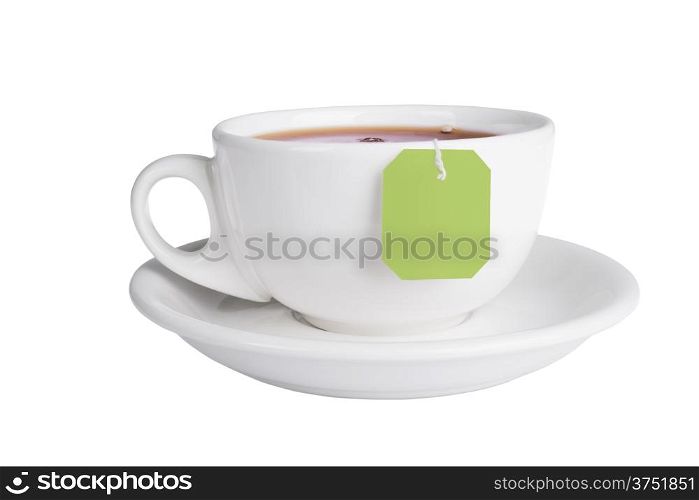 Cup of tea with tea bag isolated on white background