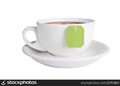 Cup of tea with tea bag isolated on white background