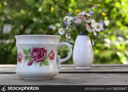 cup, old, stylish, rose, porcelan, antic, garden, natural, light, flowers, composition