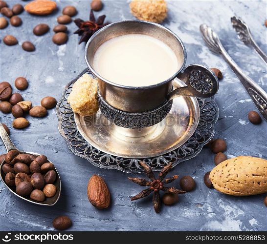 cup turkish coffee. roasted coffee beans and spices for coffee