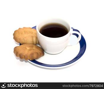 cup with black coffee and two cookies on a saucer, the isolated image a subject food and drinks