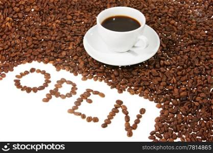 "Cup with coffee, coffee grain, and inscription "open" from coffee, on white background "