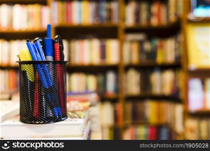 cup with stationery library. Beautiful photo. cup with stationery library