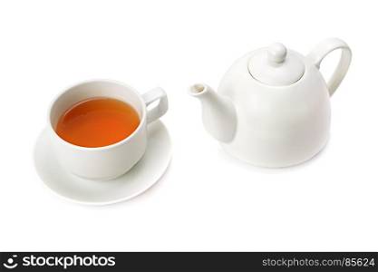 cup with tea and teapot isolated on white background