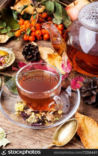 Cup with tea on an autumn background of fallen leaves, apples.Autumn postcard. Cup of tea with autumn leaves