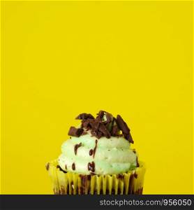 Cupcake chocolate mint on yellow background, birthday, anniversary greeting card background