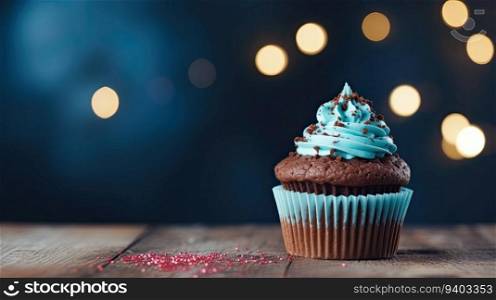 Cupcake with blue cream on wooden table and bokeh background