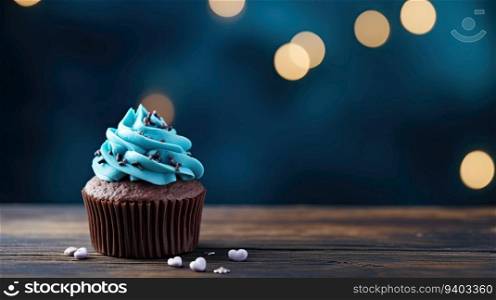 Cupcake with blue icing on wooden table and bokeh background