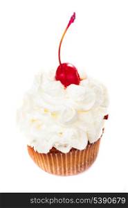 Cupcake with candied cherry isolated on white