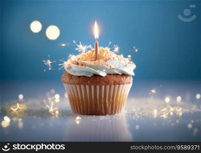Cupcake with candle and sparklers on blue background for birthday.AI Generative