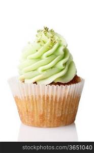 cupcake with green cream isolated on white background