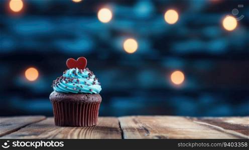 Cupcake with heart on top and bokeh lights on background