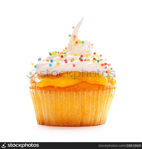 Cupcake with whipped cream isolated on white