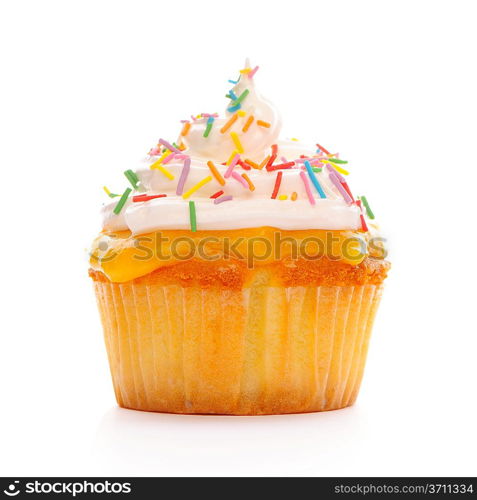 Cupcake with whipped cream isolated on white