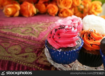 Cupcakes colorful muffin pink orange cream vintage flowers pillow