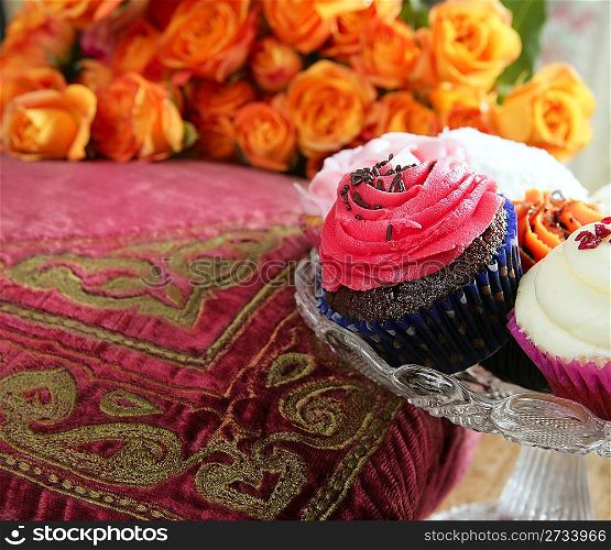 Cupcakes colorful muffin pink orange cream vintage flowers pillow