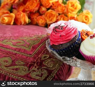 Cupcakes colorful muffin pink orange cream vintage flowers pillow