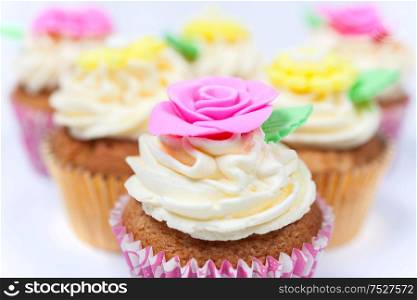 Cupcakes or cup cakes with icing or frosting, pink, yellow and cream with green leaves, rose and floral decorations photographed on a white background